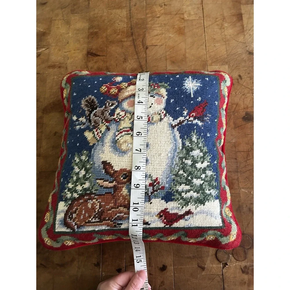 Vintage‎ Needlepoint Pillow Snowman Deer Bird Christmas Velvet Back 13